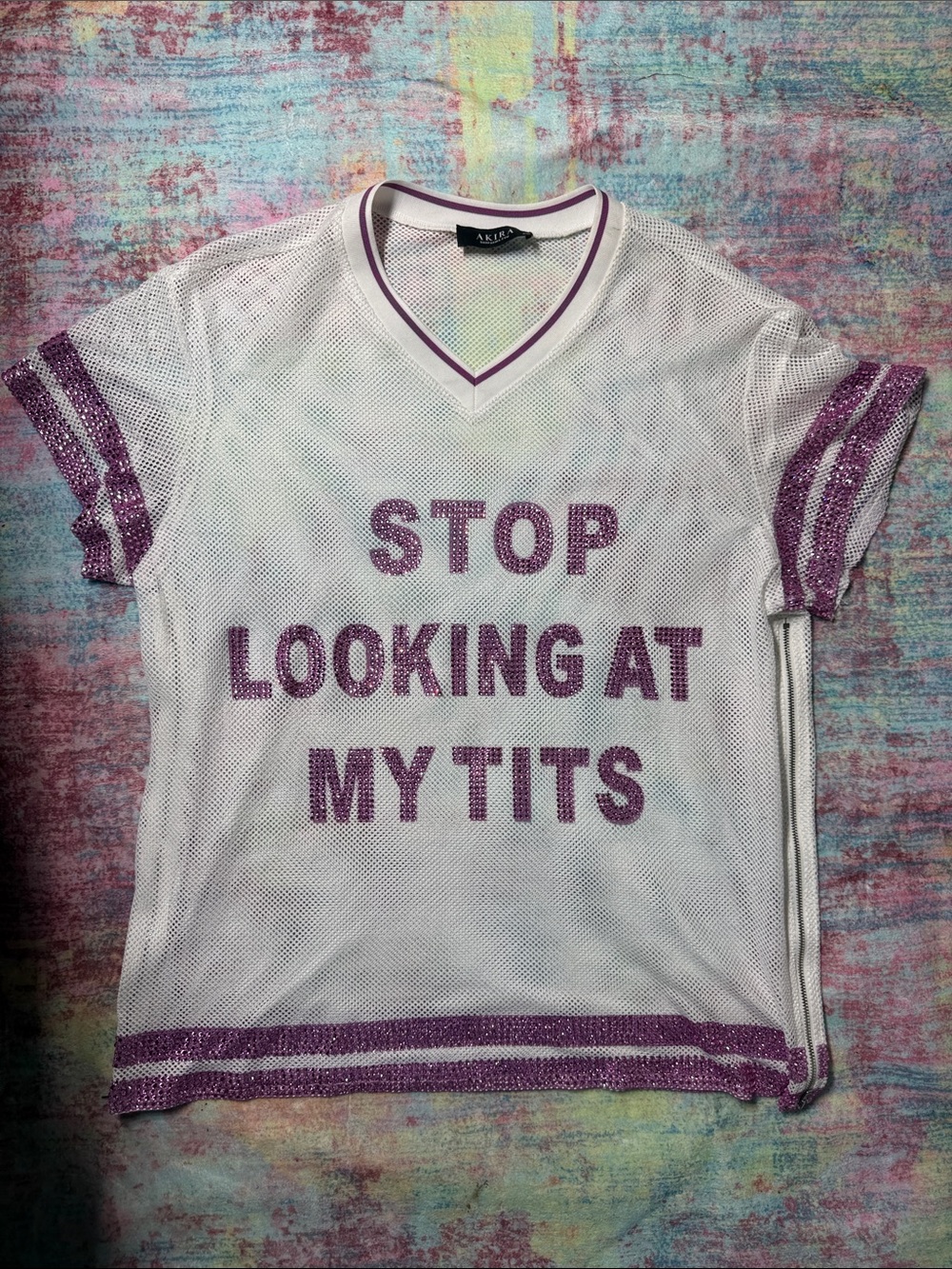 AKIRA White Mesh Tee with Purple Glitter Lettering